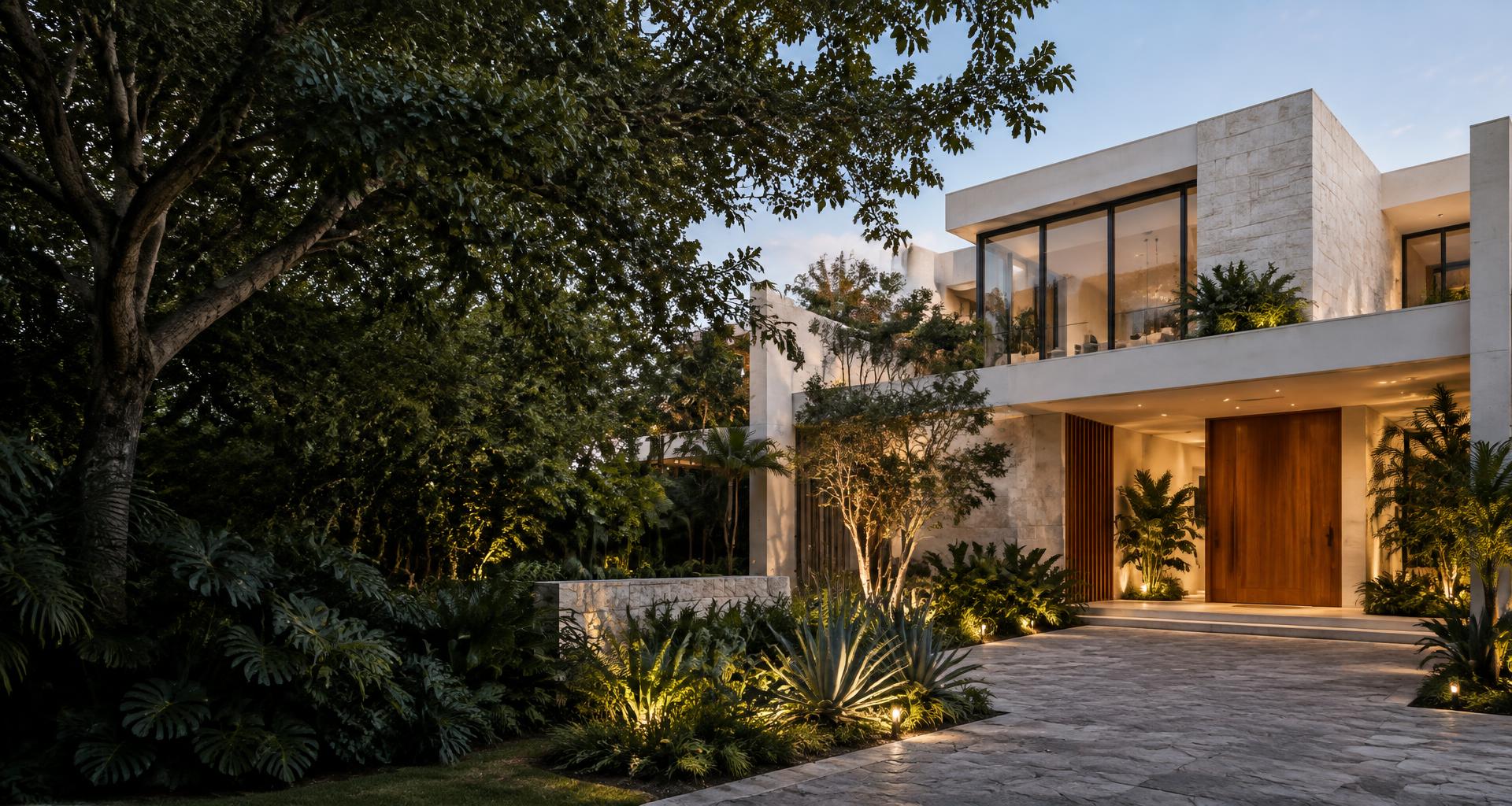 Residencia contemporánea con jardín y acceso iluminado